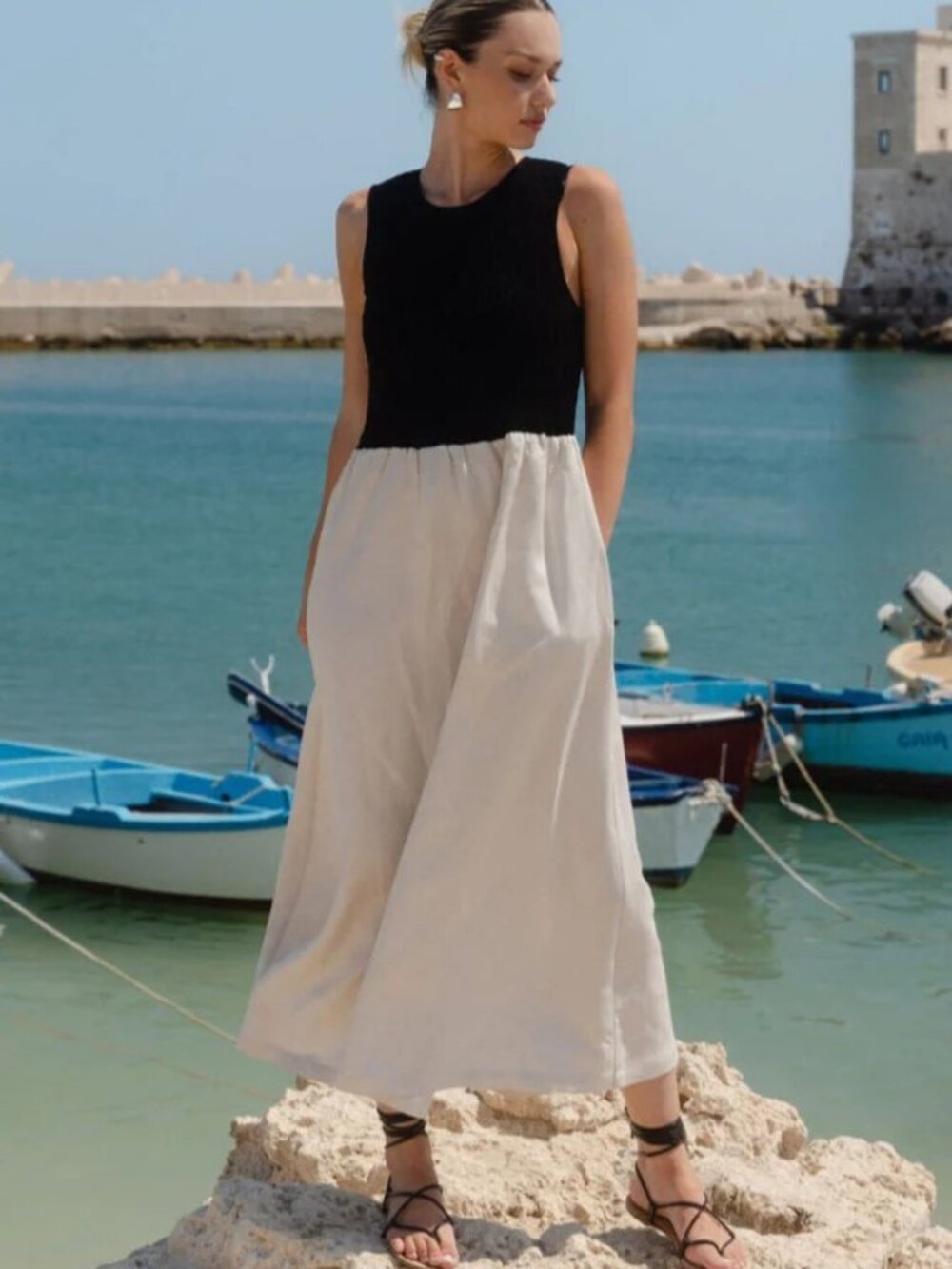 New Oatmeal & Black Contrast Bodice Midi Dress - Picture 1 of 11